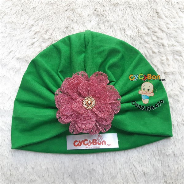 Nón Turban Cho Bé Bông Màu Hồng Đậm Kim Tuyến - Xanh Lá Cây