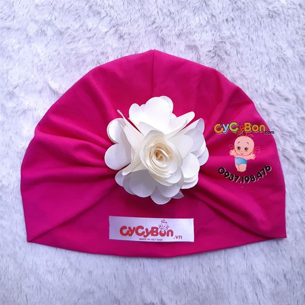 Nón Turban Cho Bé Bông Hồng Màu Trắng Kem - Hồng Đậm