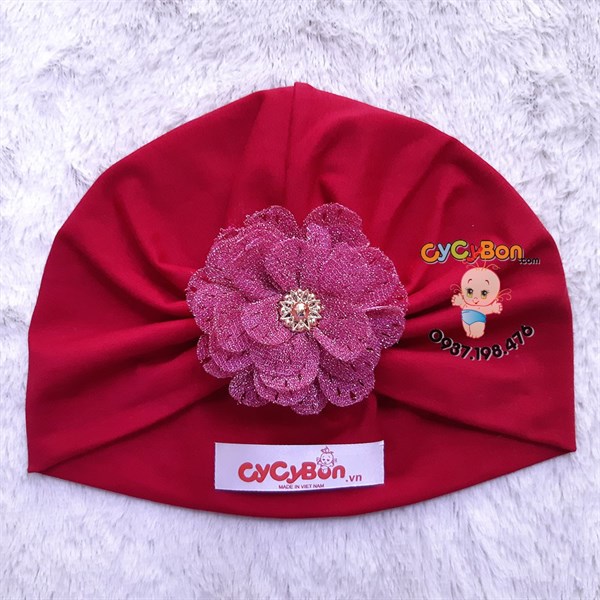 Nón Turban Cho Bé Bông Màu Hồng Đậm Kim Tuyến - Đỏ Đậm