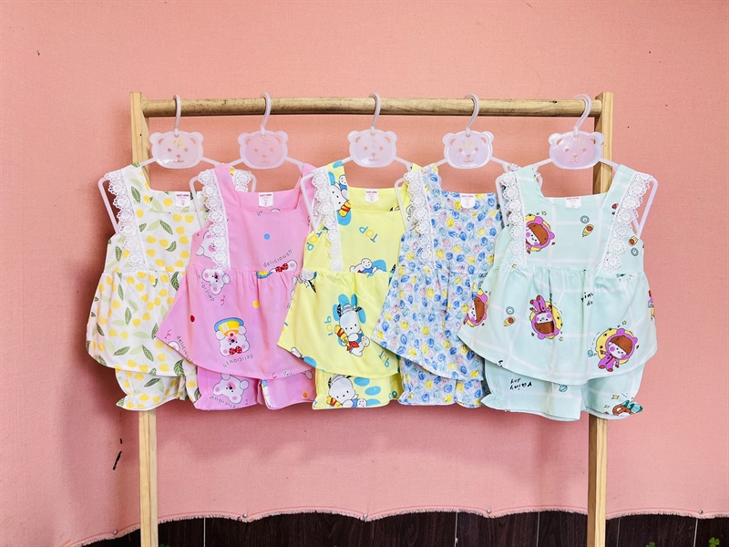 Combo 5 bộ tole- Mẫu cổ vuông kèm 2 ren trên vai- quần đùi bé gái TH