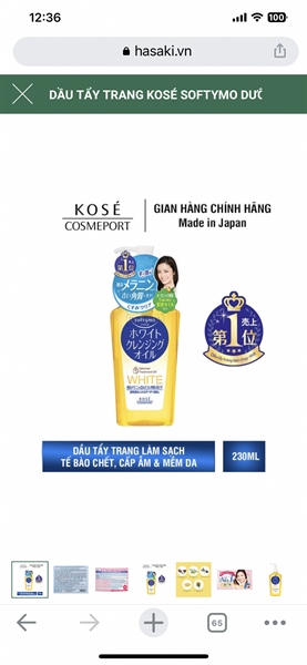 Dầu tẩy trang kose softymo 230ml - white (vàng nhạt)