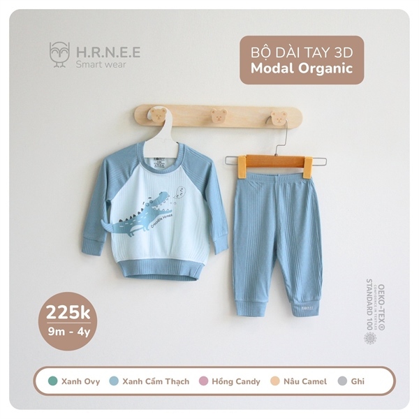 Hrnee Bộ dài 3D Modal Organic - Xanh cẩm thạch 12-18M