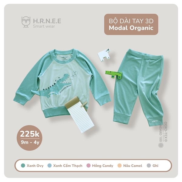 Hrnee Bộ dài 3D Modal Organic - Xanh ovy 12-18M