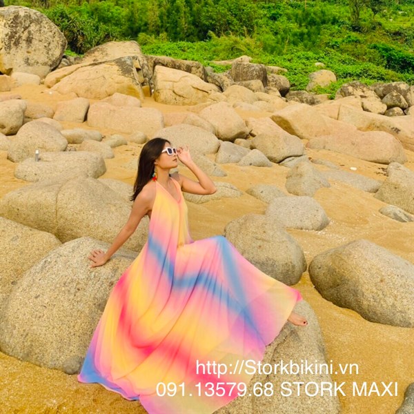 Maxi 2 dây xẻ V ombre
