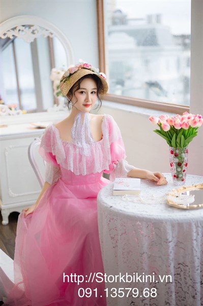 Maxi phối ren cổ - HỒNG