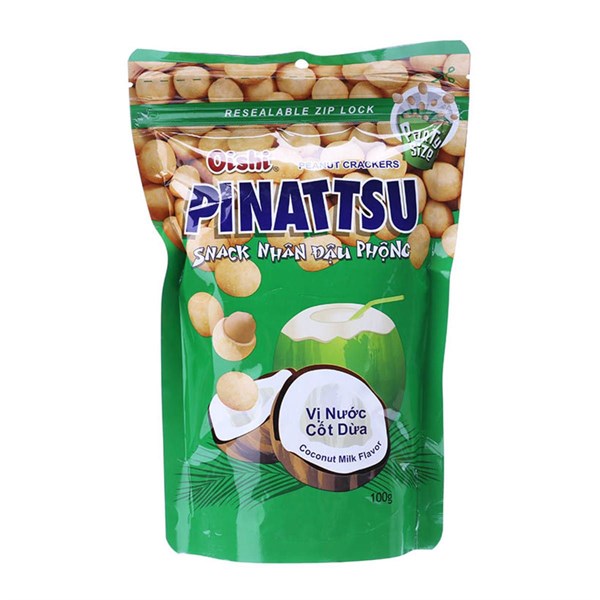 Snack nhân đậu phộng vị nước cốt dừa Pinattsu Oishi gói 100g