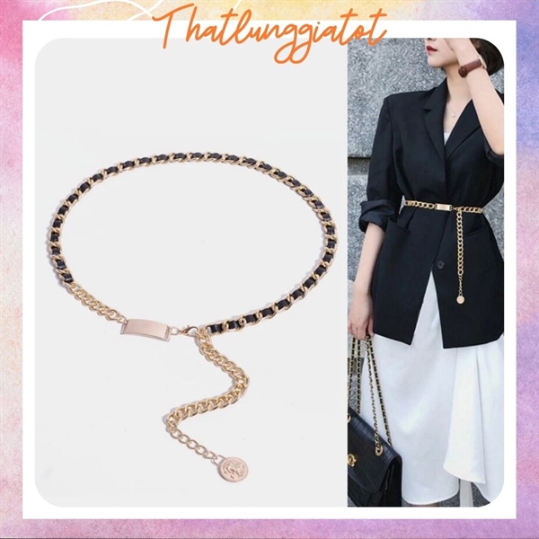 Đai váy xích vàng phối đầm cá tính luồng da màu đen DV090 - Thắt Lưng Giá Tốt