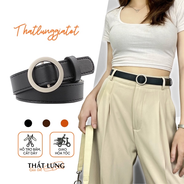 Thắt lưng nữ mặt tròn Ulzzang, không lỗ bản 2.3cm (hỗ trợ cắt dây nịt) TL003 - Thắt Lưng Giá Tốt - Bạc - dây đen 1