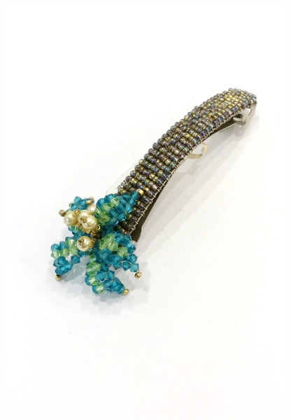 Kẹp tóc pha lê mix cườm kết hình hoa 5 cánh xanh