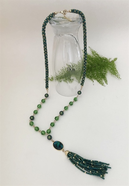 Vòng cổ cườm đan Kumi mix ngọc trai pha lê Swarovski màu xanh Fegreen