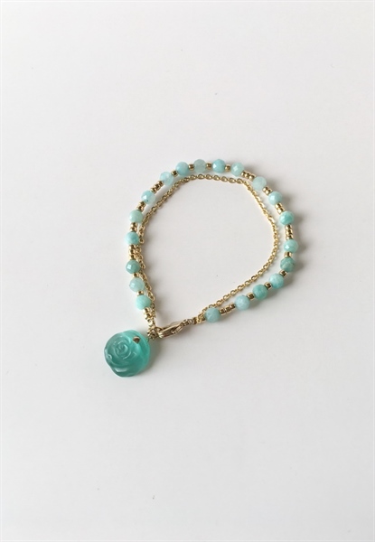 Vòng tay đá Amazonite giác 4 li charm hoa hồng thủy tinh