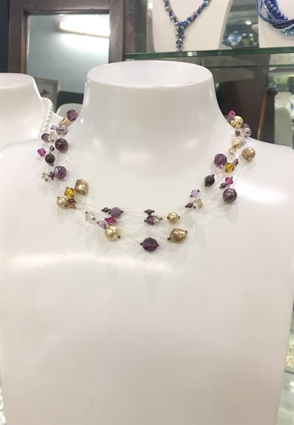 Vòng cổ pha lê dây gút 6 sợi tím đồng