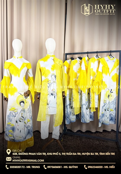 ÁO DÀI TRẮNG BÈO VÀNG NAM NỮ HỌA TIẾT CÔ GÁI
