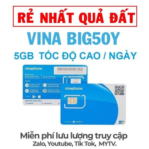 Sim 4G vinaphone gói BIG50Y trả trước 7 tháng (5GB/ngày,miễn phí tiktok, youtube)