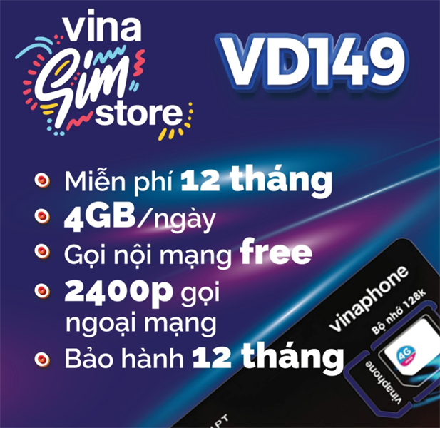 Sim 4G vinaphone gói VD149 4G 1 Ngày 1 Năm không nạp tiền