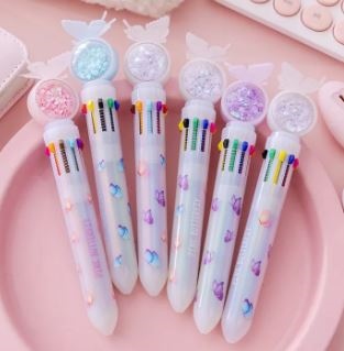 Bút Bi Bấm 10 Màu Hạt Kim Tuyến Chảy Hoạt Hình Dễ Thương