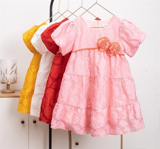 Đầm Bé Gái Hoa Nổi 3D Tay Phồng Công Chúa Size 4-14 Cho Bé 12-35kg