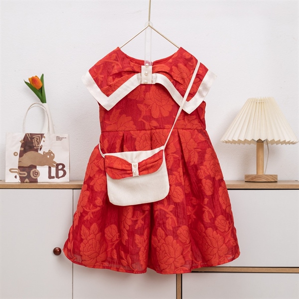 Đầm Bé Gái Hoa Nổi Cổ Thủy Thủ Kèm Túi Xách | Size 4-14
