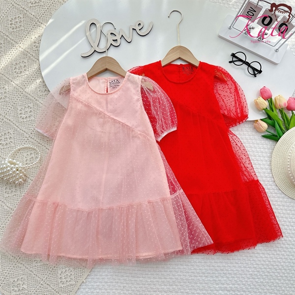 Đầm Bé Gái Công Chúa Phối Lưới Chấm Bi Tay Phồng Cao Cấp 12-35kg | Kata Kids Fashion