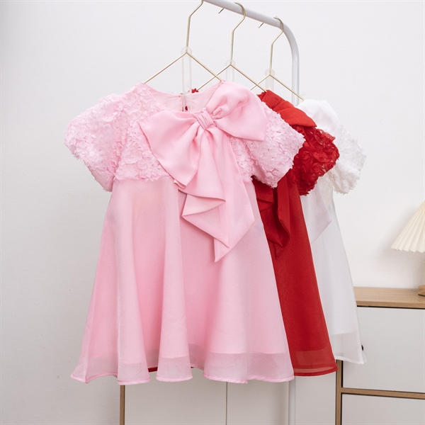 Đầm Bé Gái Công Chúa Nơ Lớn Hoa Nổi 3D | Size 4-14
