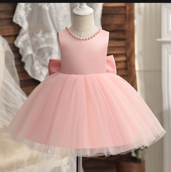Đầm Công Chúa Bé Gái Hồng Pastel Nơ Lưng Cao Cấp Size 4-14