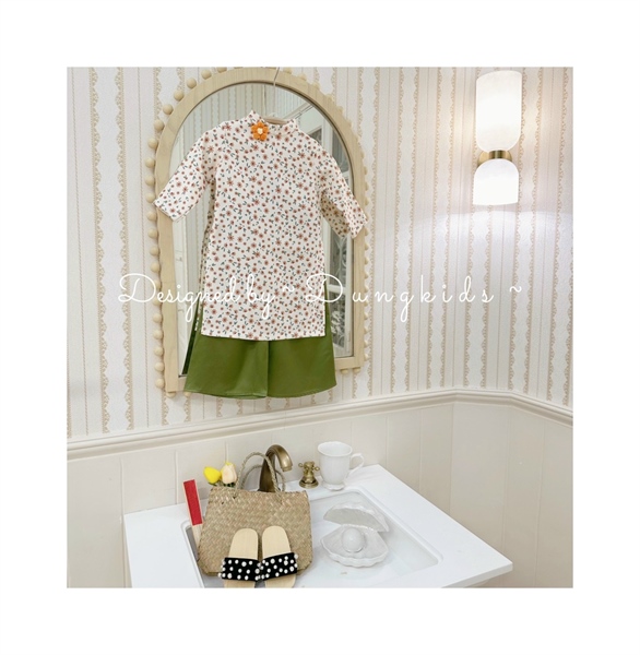 Áo dài hoa nhí 4 chi tiết (cài và hoa kẹp) - Xanh