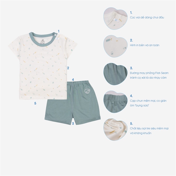 Bu Bộ ngắn tay cổ tròn Bambus - Trắng in Xanh