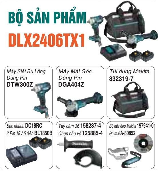 Bộ sản phẩm (DTW300Z + DGA404Z + BL1850B*2 + DC18RC) (18V) Makita DLX2406TX1