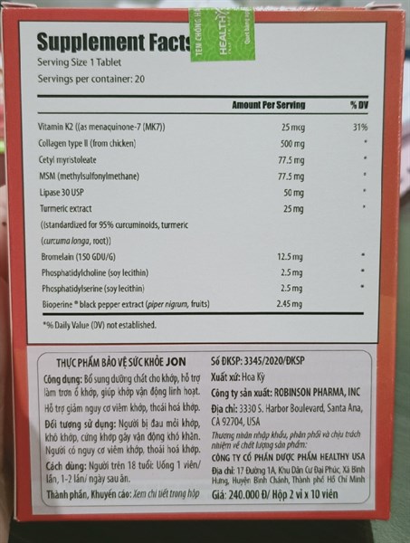 JON (Giảm thoái hóa khớp) (H*2vỉ*10viên) - Healthy USA 2