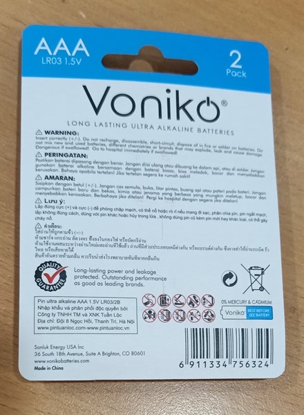 Pin Voniko AAA Ultra alkaline LR03 1,5V (máy trợ thính HA - 20DX) - China 2