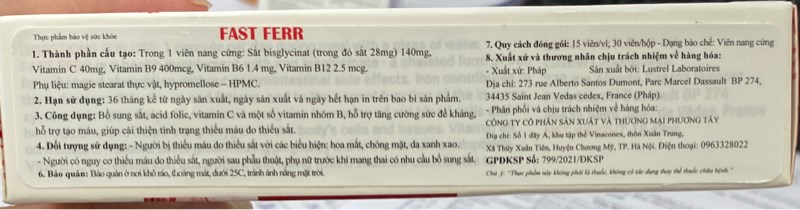 Fast Ferr (Bổ sung sắt, acid folic...) (Hộp 2 vỉ x 15 viên) - France 2