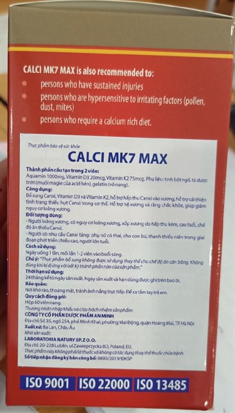Calci MK7 max Ba Lan/Châu Âu BỔ SUNG CANXI ,VITAMIN D (Lọ*60viên) 2