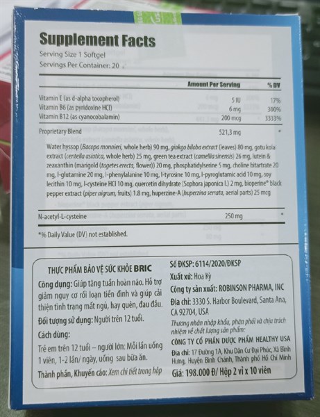 BRIC Healthy USA ,Tăng tuần hoàn não (H*2vỉ*10viên) 2