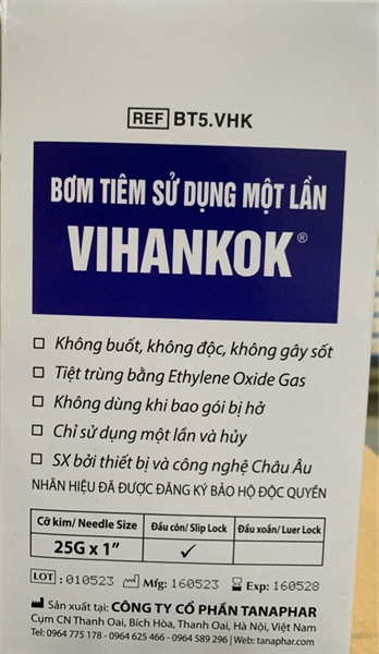 Bơm tiêm VIHANKOK 5ml/cc (Kim 25G x 1") Tanaphar/VN, Bơm tiêm sử dụng một lần (Hộp*100cái) 2
