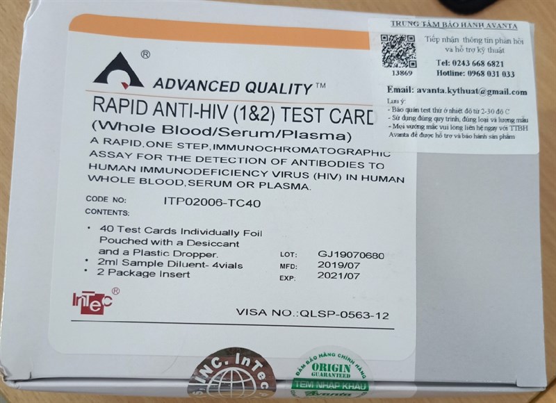 Rapid Anti HIV test (Kít thử nhanh phát hiện kháng thể HIV) (Hộp 40 test dạng khay) - Intec/TQ