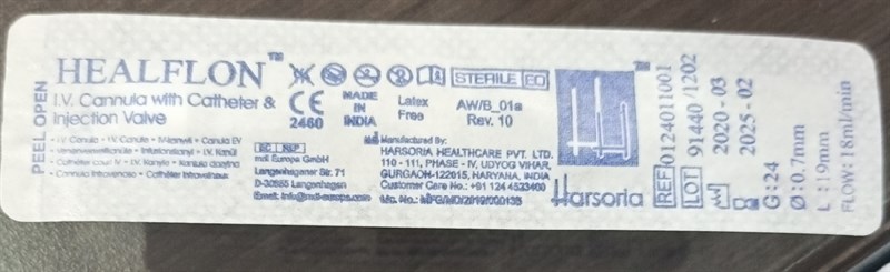 Kim luồn tĩnh mạch có cánh định vị và van bơm thuốc 2 đầu Healflon 24G (Hộp*100 cái) - Harsoria/India