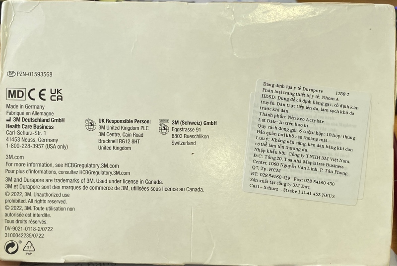 Băng dính lụa y tế Durapore 3M 1538-2 (KT: 5cm x 9,1m) (Hộp 6 cuộn) - Germany 3
