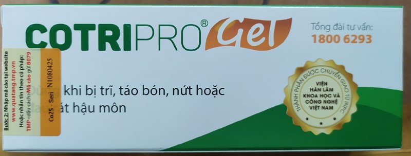 Cotripro gel 25gr (Dùng khi bị trĩ, táo bón, nứt hoặc đau rát hậu môn) - Đại Bắc