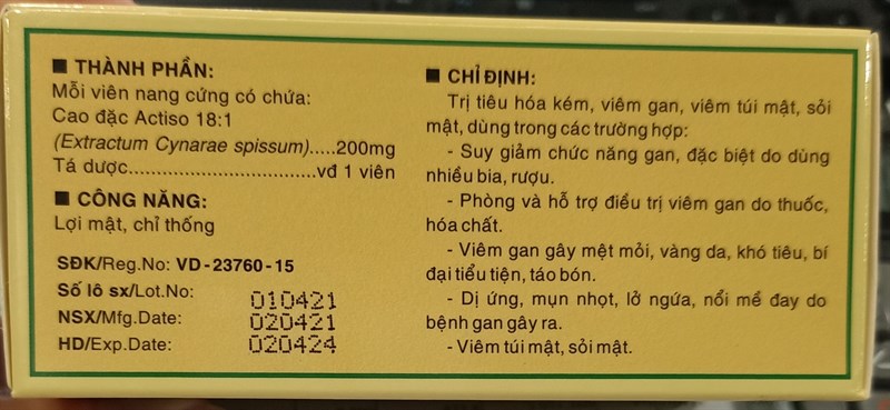 Cynara 200mg (K*80Hộp 5vỉ x 10viên nang cứng) - CTCPDVTYT Hải Dương 2