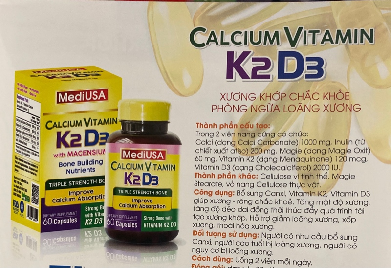 Calcium vitamin K2 D3 (Bổ sung canxi, vitamin K2, D3) (Lọ 60 viên) - MediUSA