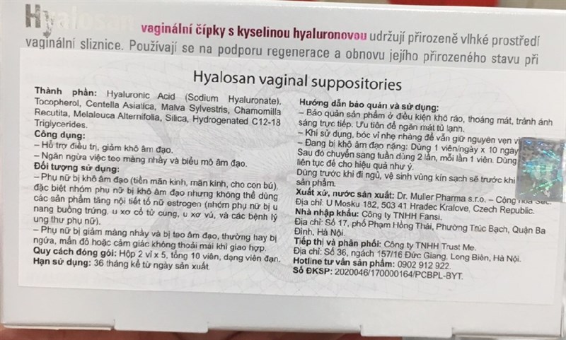 Hyalosan vaginal suppositories (Giảm khô âm đạo) (Hộp 2 vỉ x 5 viên) - Cộng Hòa Séc 2