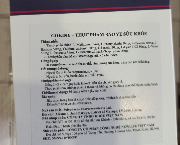 Gokiny (Bổ sung các amino acid) (Hộp 6 vỉ x 10 viên) - Solepharm / Latvia 2