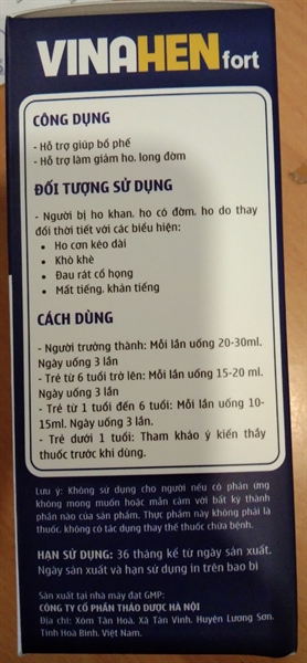 Vinahenfort 100ml (Giúp bổ phế, làm giảm ho, long đờm) - Dược liệu HN 2