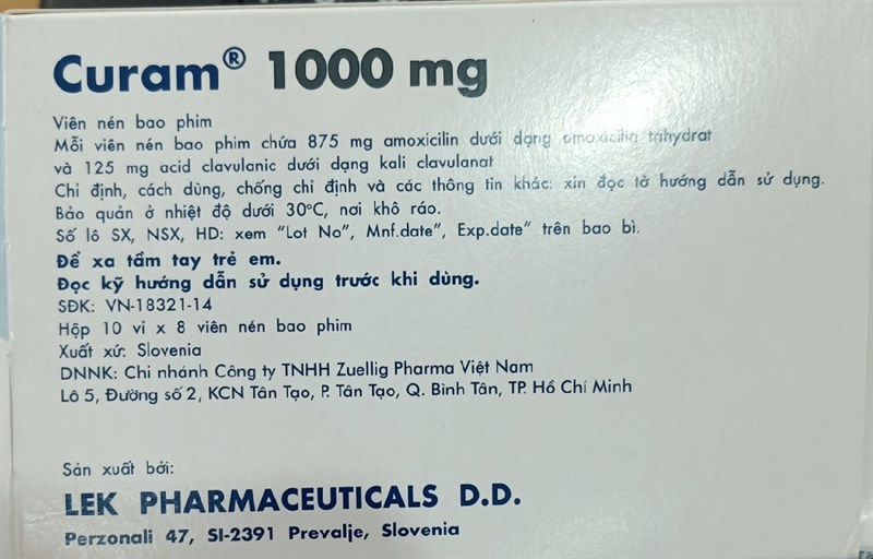 Curam 1000mg (Amoxicillin 875mg/Clavulanic acid 125mg) (Hộp 10vỉ x 8 viên) - Slovenia/Sandoz 2