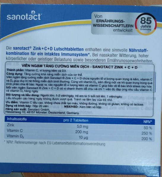 Viên ngậm tăng cường miễn dịch Sanotact Zink+C+D (H*5vỉ*4viên) - Germany 2