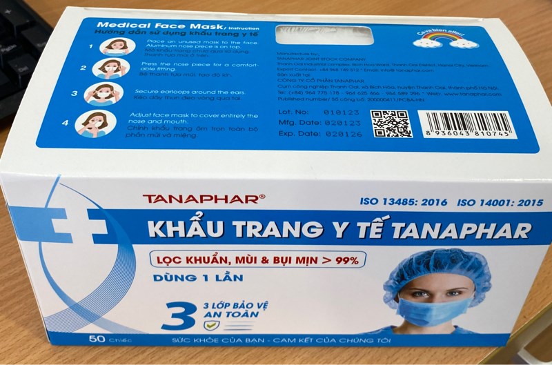 Khẩu trang y tế Tanaphar 3 lớp màu trắng (Hộp 50 cái) - VN