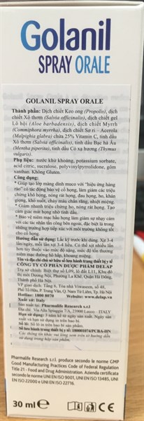 Golanil spray orale 30ml (Làm giảm ho, nóng rát họng,...) - Italya 2