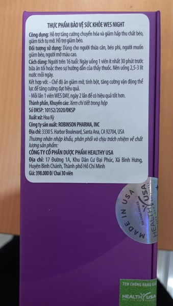 Wes night (Đốt mỡ, giảm cân khi ngủ) (Lọ*30viên) - Healthy USA 2