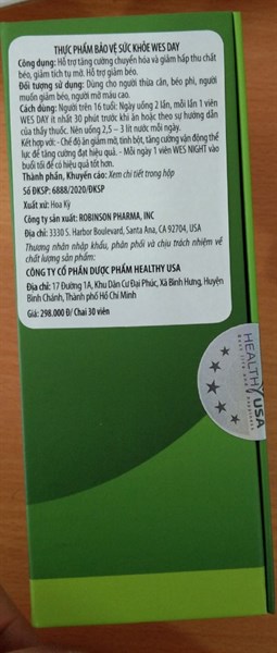 Wes day (Giảm mỡ, giảm cân) (Lọ*30viên) - Healthy USA 2