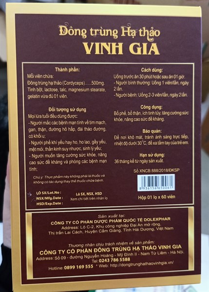 Đông Trùng hạ thảo Vinh Gia (Lọ*60viên) - Dolexphar 2